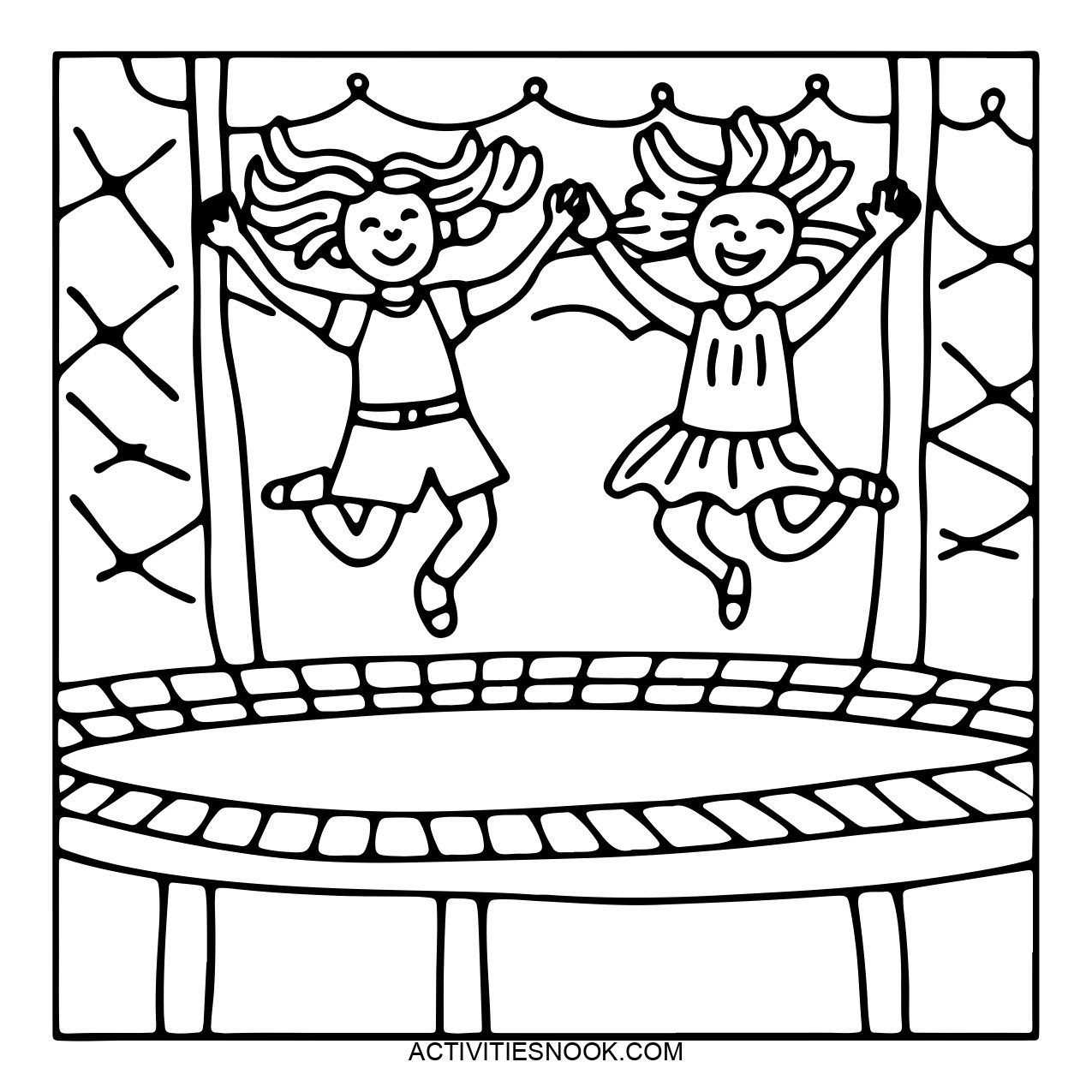 A black and white illustration of two children joyfully jumping on a trampoline, designed for coloring activities.