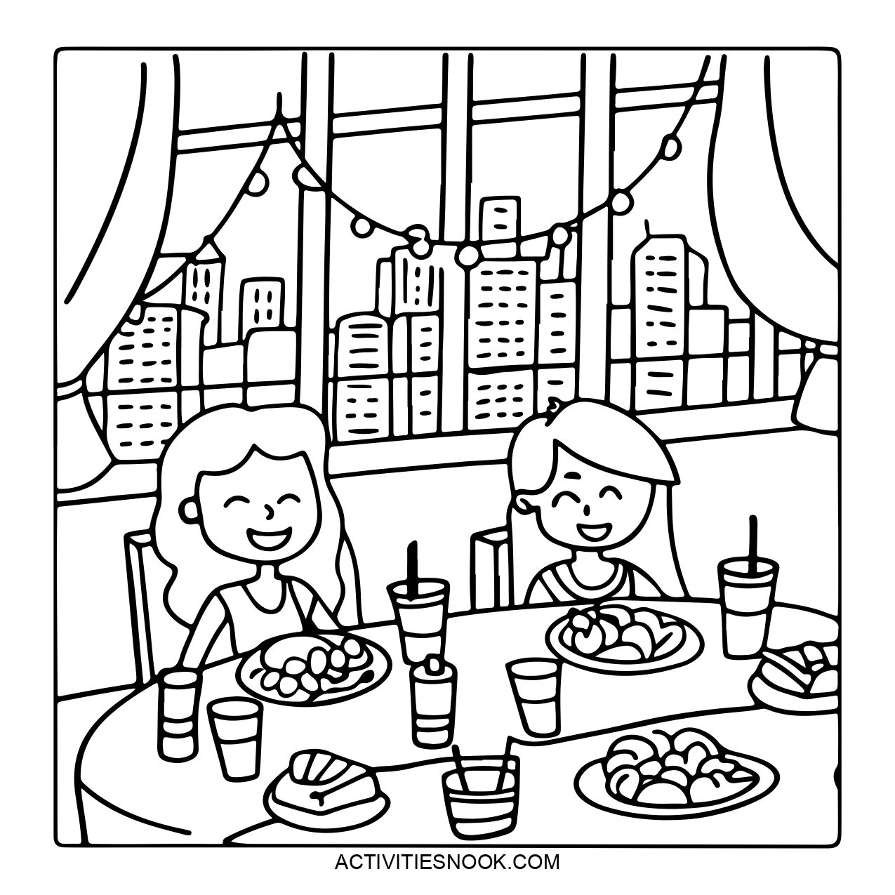 Two friends enjoying snacks at a table with a city view.