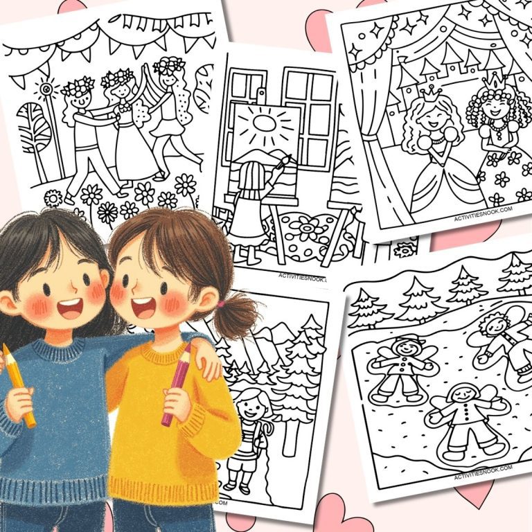 Collage of Coloring pages featuring children engaging in various activities and scenes.