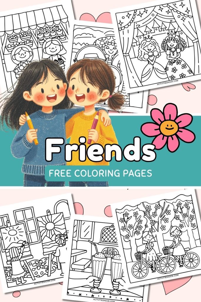 Collage of Coloring pages featuring two girls holding crayons and various outlined scenes.