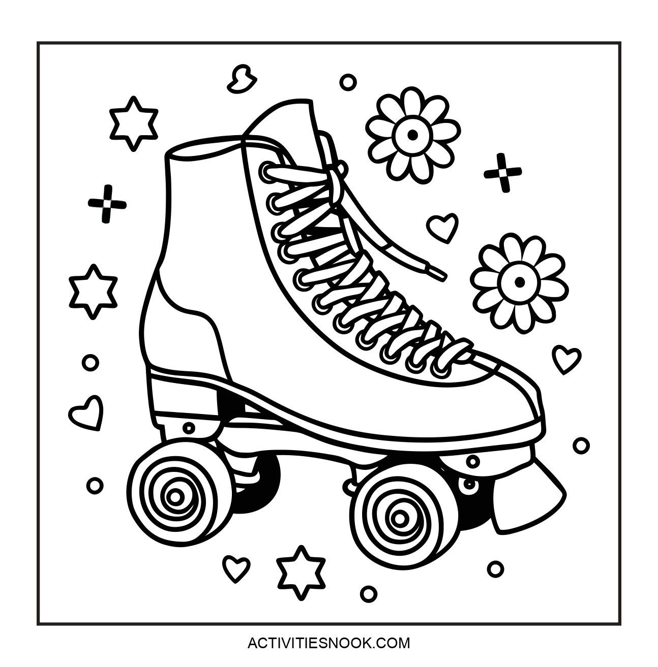 Black and white illustration of a roller skate surrounded by flowers and stars, designed for coloring activities.