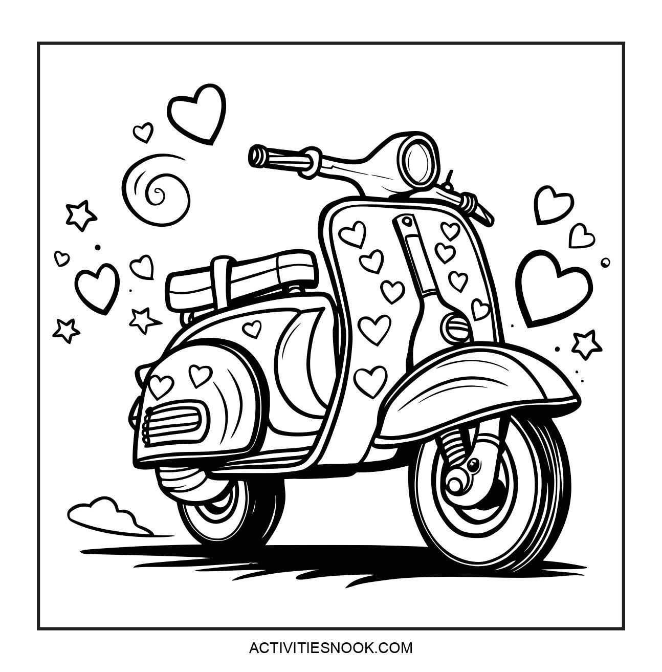 Black and white coloring page of a scooter decorated with hearts and stars, suitable for coloring activities.