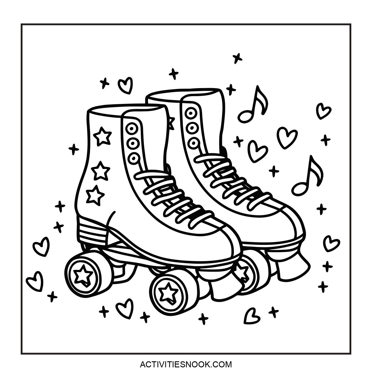 Black and white coloring page featuring a pair of roller skates with stars and musical notes around them.