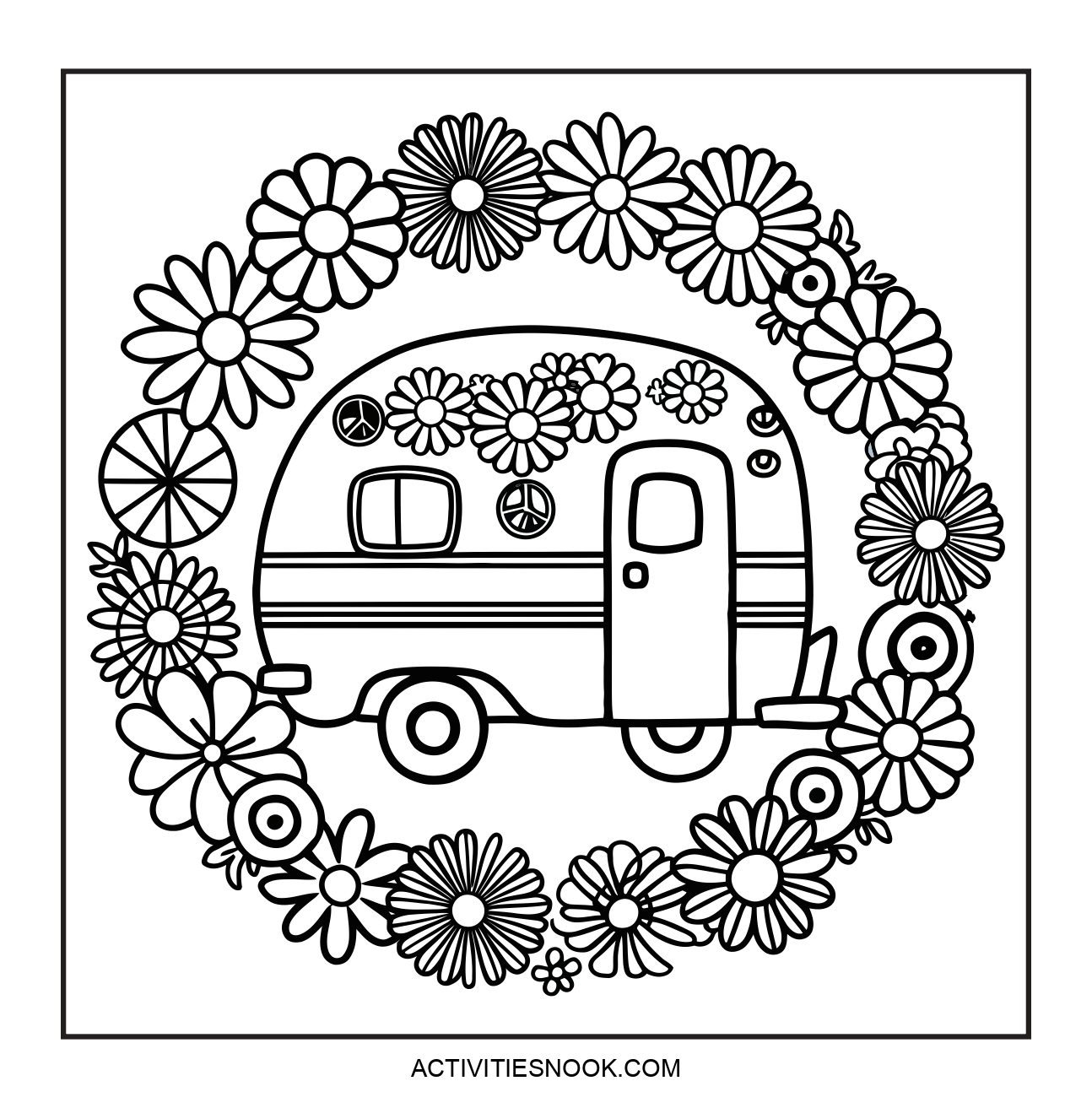 Black and white coloring page featuring a vintage camper surrounded by flowers in a circular design.