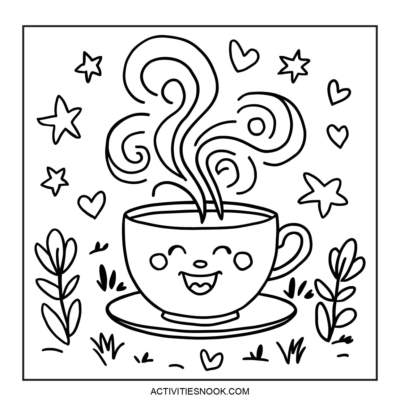 Black and white coloring page featuring a smiling cup with steam and decorative elements like stars and hearts.