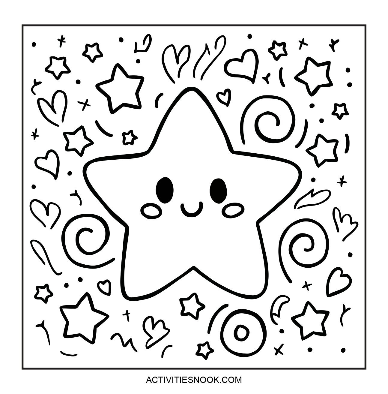 Black and white coloring page featuring a smiling star surrounded by various stars and swirls.