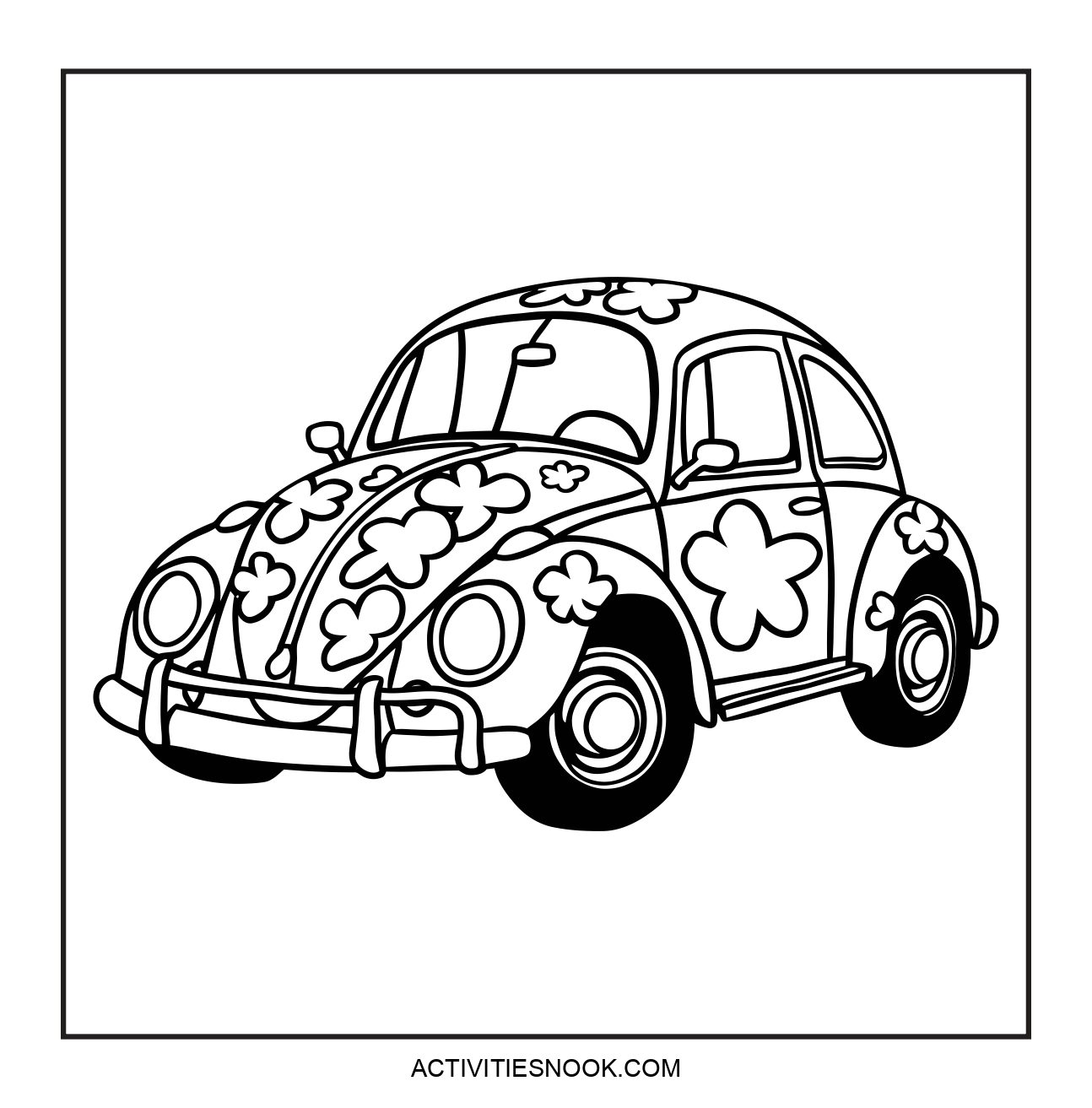 Coloring page featuring a vintage Volkswagen Beetle adorned with floral patterns and designs.