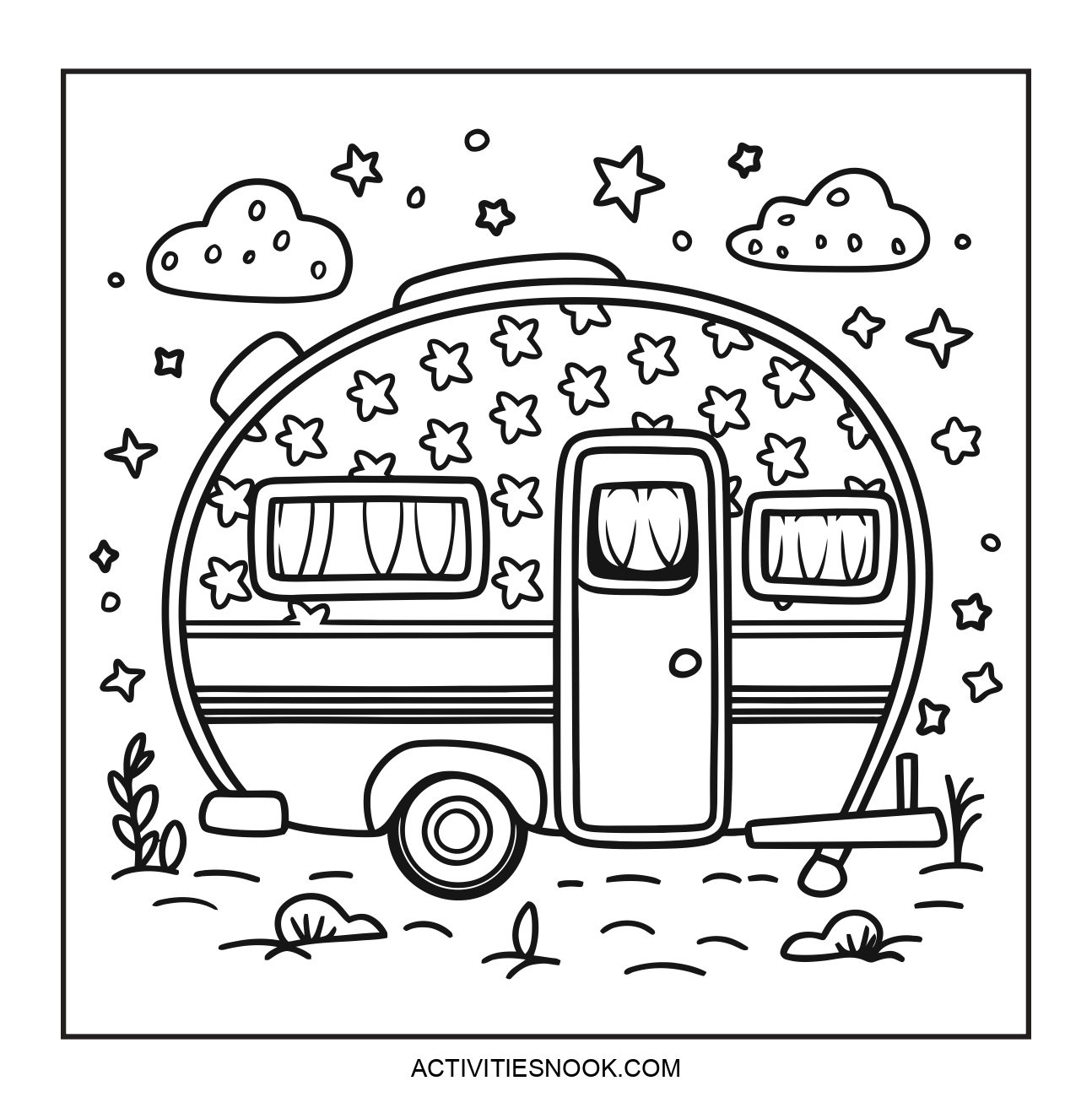 Black and white coloring page of a vintage camper trailer surrounded by stars and clouds.
