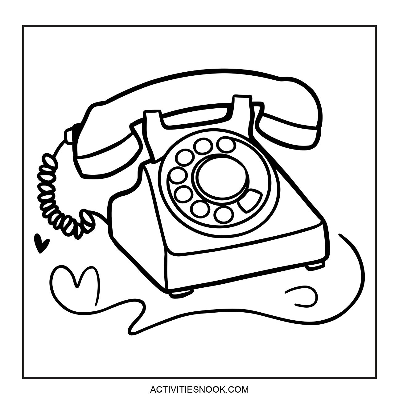 Black and white coloring page of a vintage rotary telephone with a coiled cord and decorative hearts.