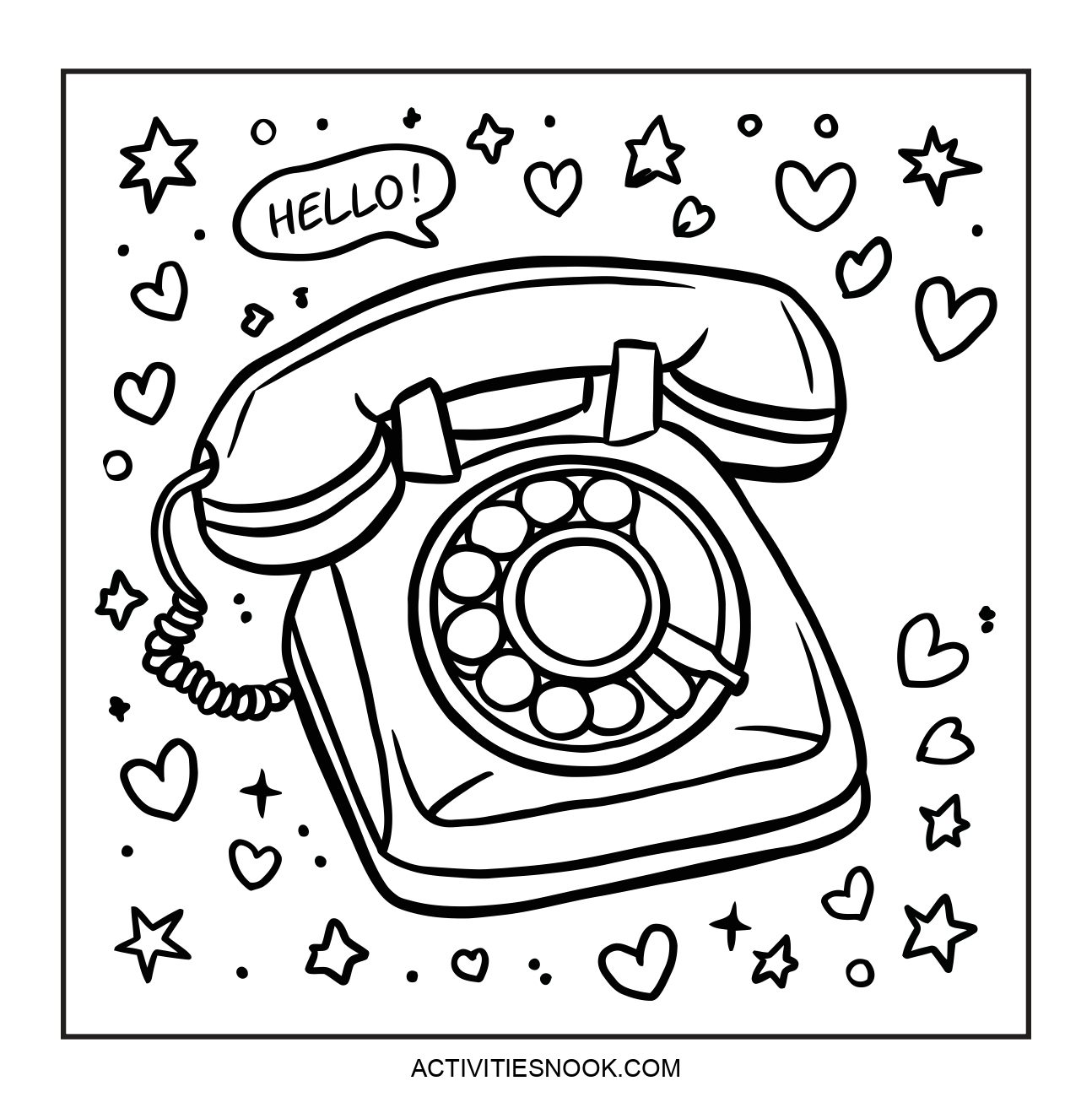 Black and white coloring page of a vintage rotary telephone with the word 'HELLO' and decorative stars.