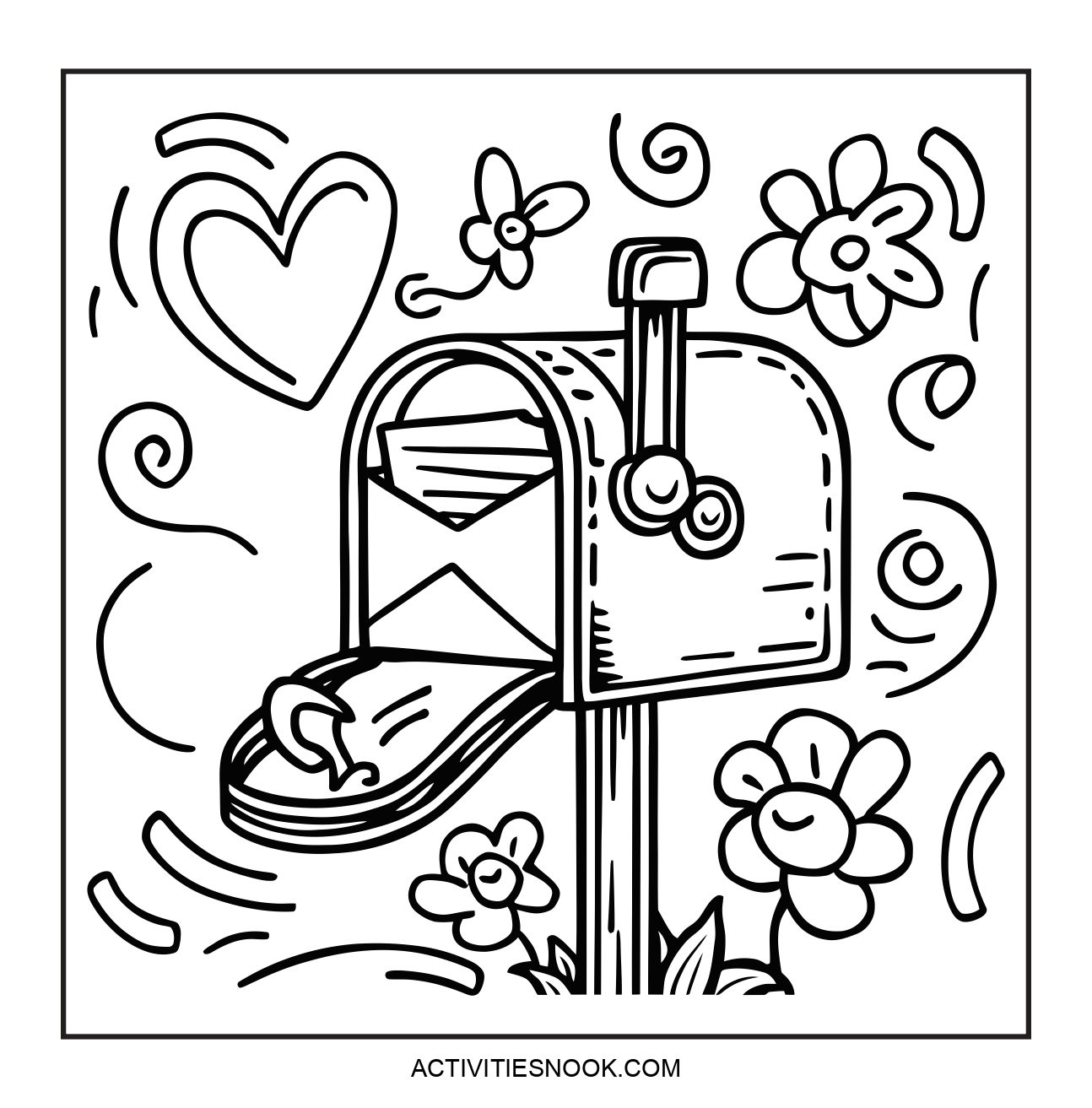 Black and white coloring page of a mailbox with letters and flowers surrounding it.