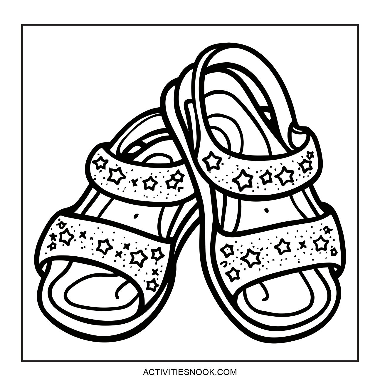 Black and white coloring page of a pair of sandals with star designs on the straps.