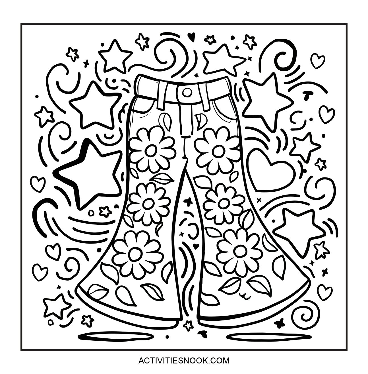 Coloring page featuring bell-bottom jeans adorned with floral patterns and decorative swirls and stars.