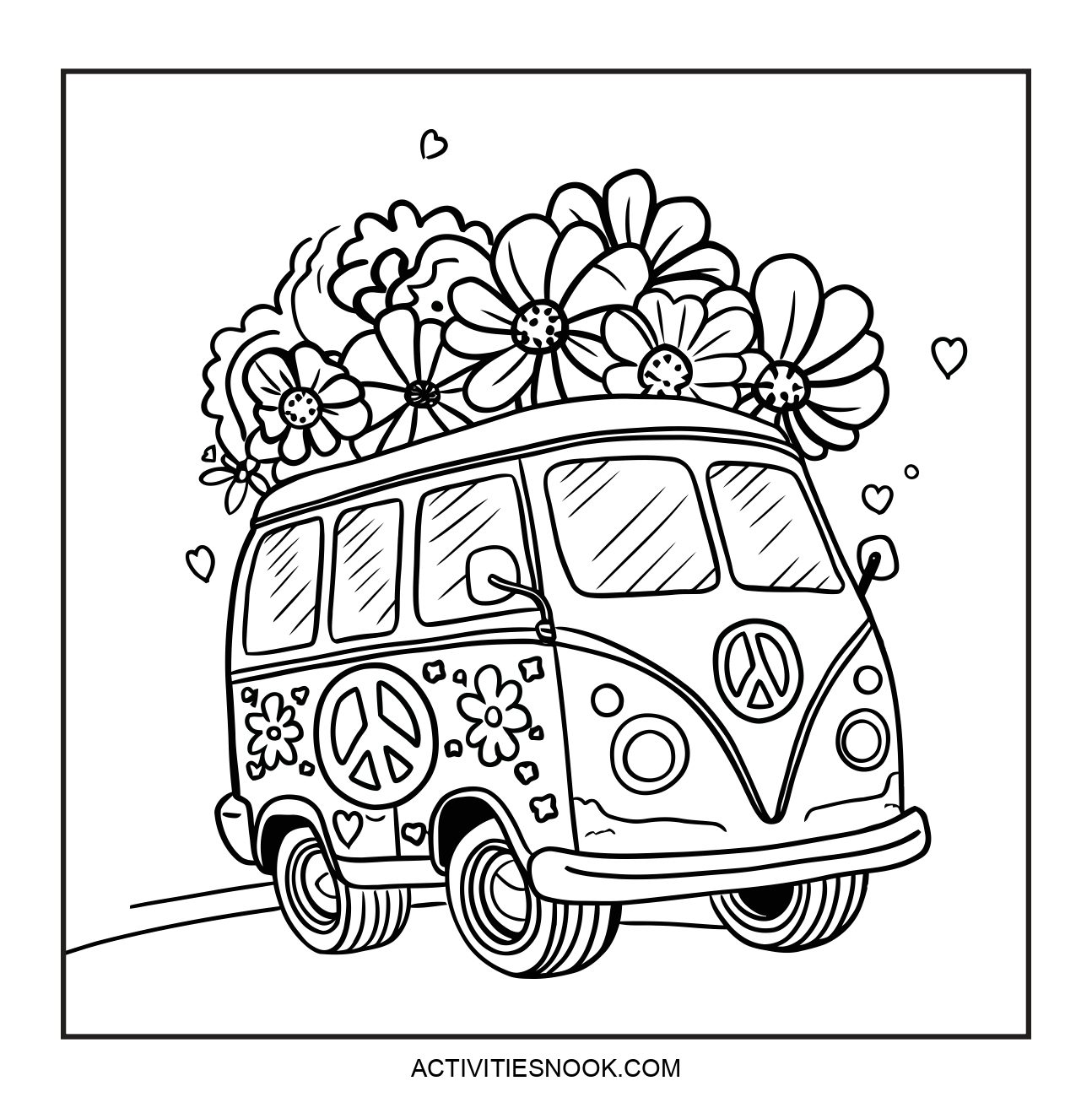 Coloring page featuring a vintage van adorned with flowers and peace symbols, suitable for creative activities.