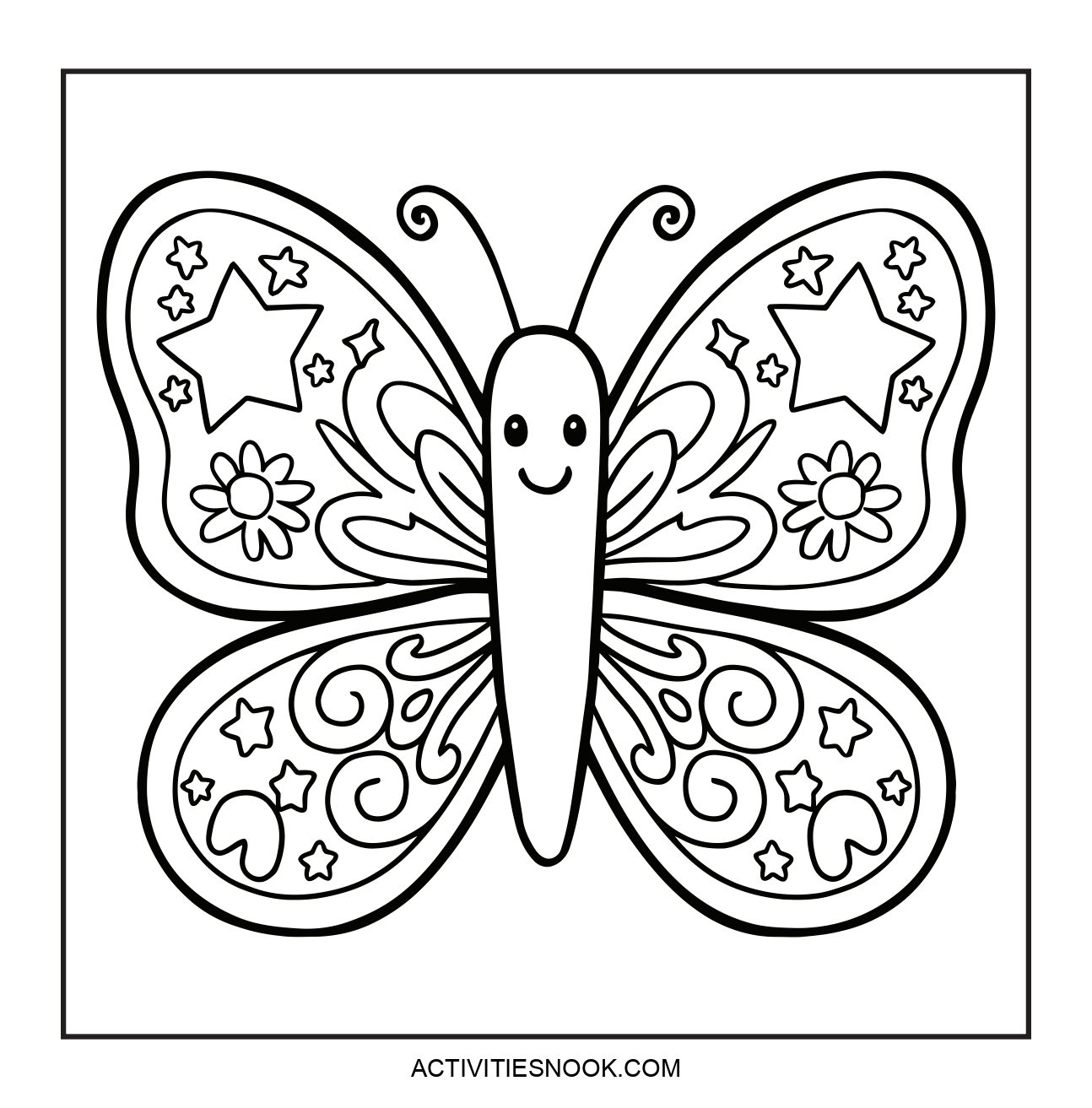 Black and white coloring page of a butterfly with decorative stars and flowers.