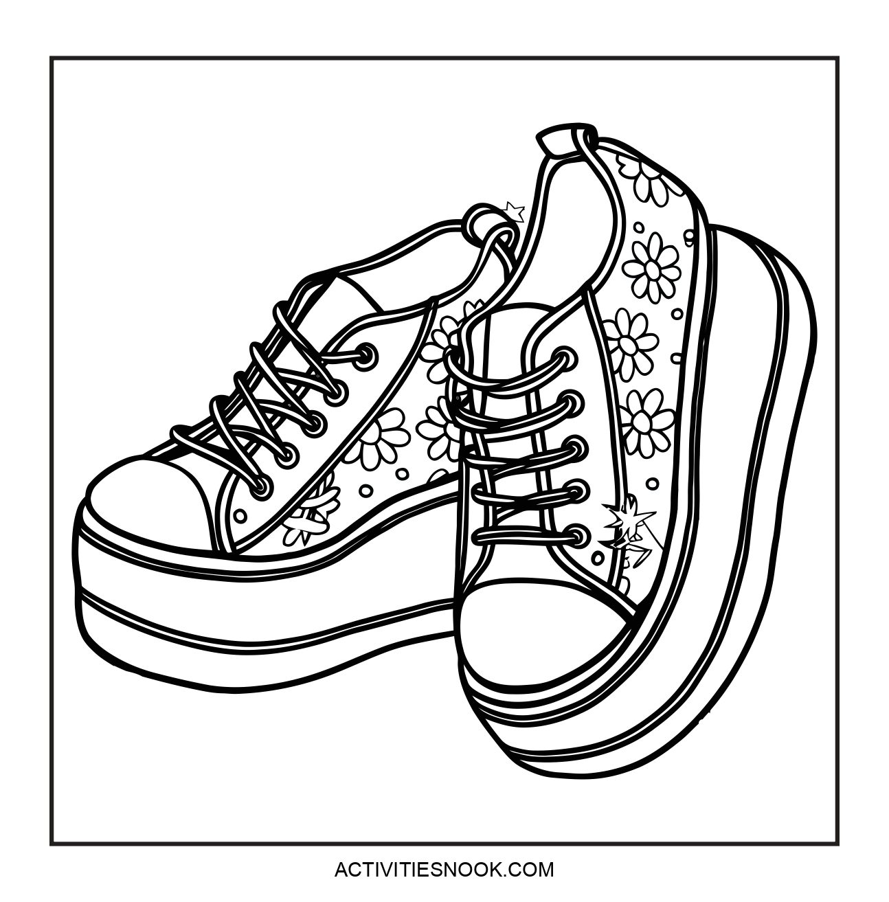 Coloring page featuring a pair of platform sneakers with floral designs and laces.