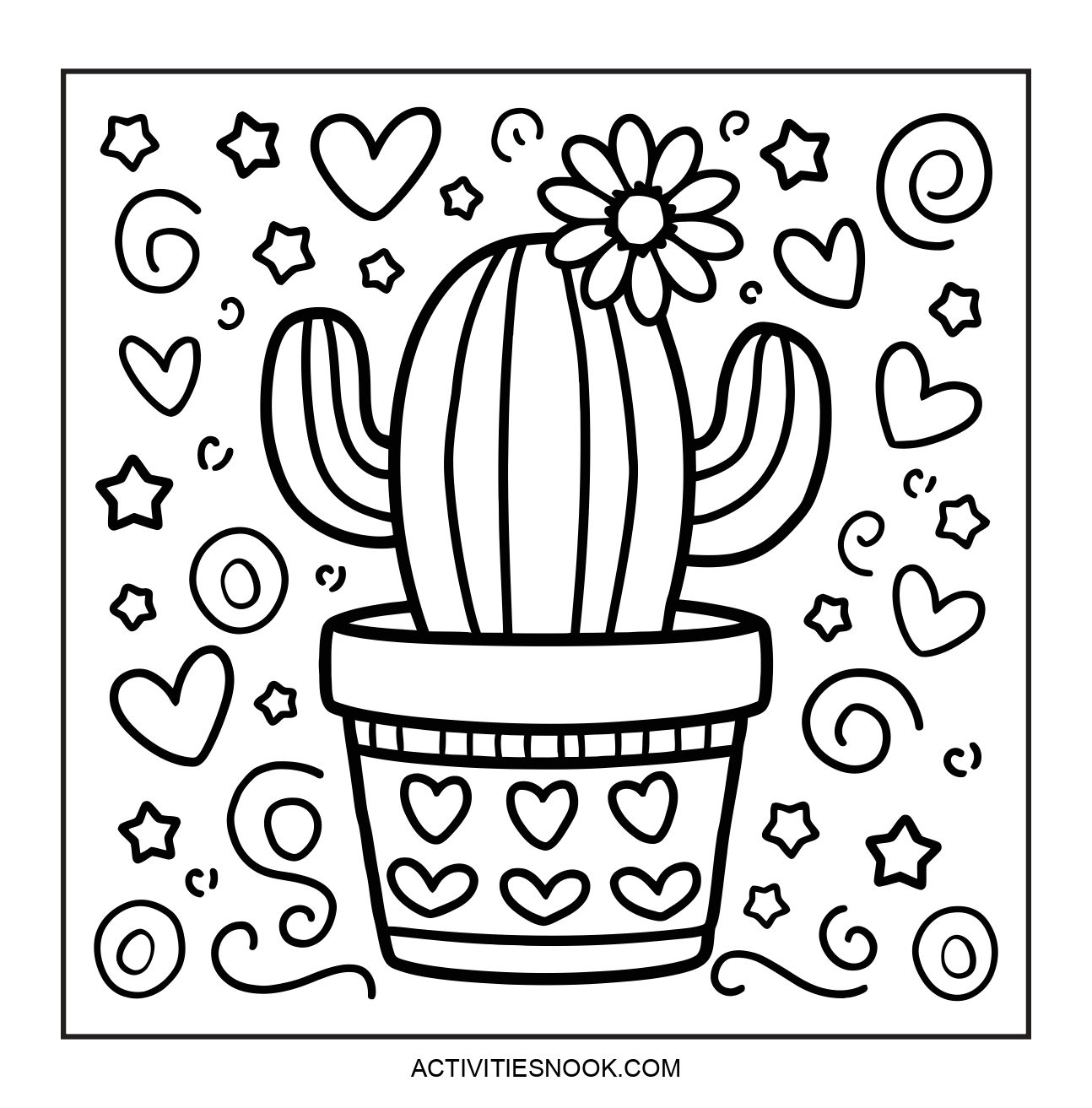 Black and white coloring page featuring a cactus in a pot with hearts and swirls surrounding it.
