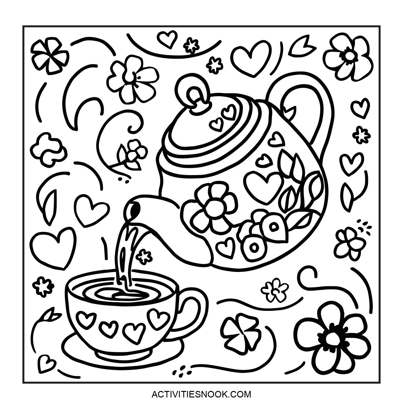 Black and white coloring page featuring a teapot pouring into a cup surrounded by flowers and hearts.
