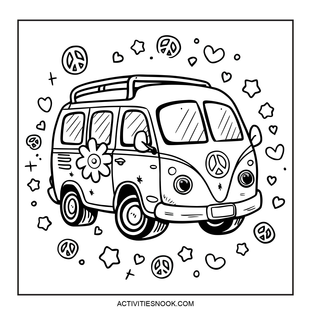 Coloring page featuring a vintage van with peace signs, flowers, and hearts in a whimsical design.