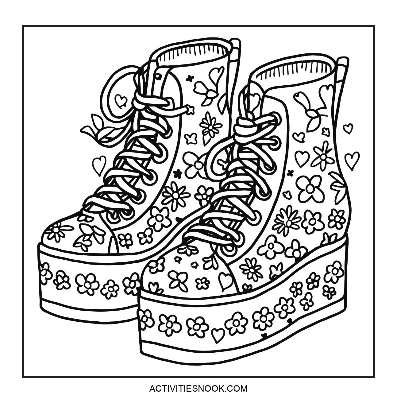 Coloring page featuring a pair of platform shoes decorated with floral patterns and hearts.