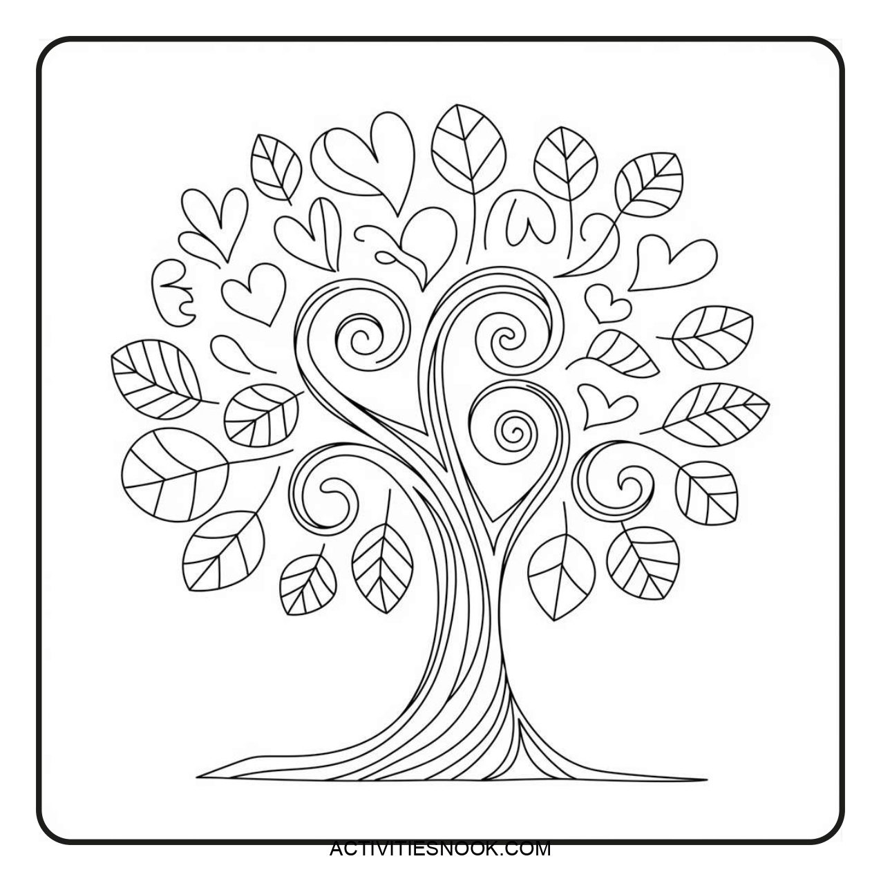 Black and white coloring page of a stylized tree with heart-shaped leaves and swirling branches.