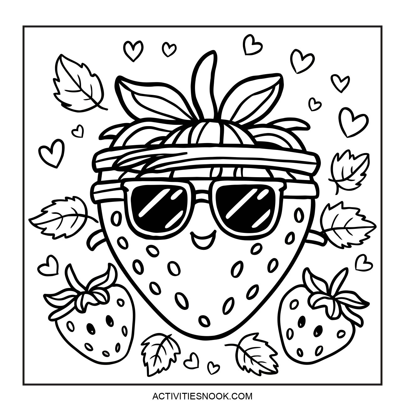 Cartoon-style strawberry wearing sunglasses with smaller strawberries and hearts around it in a coloring page design.