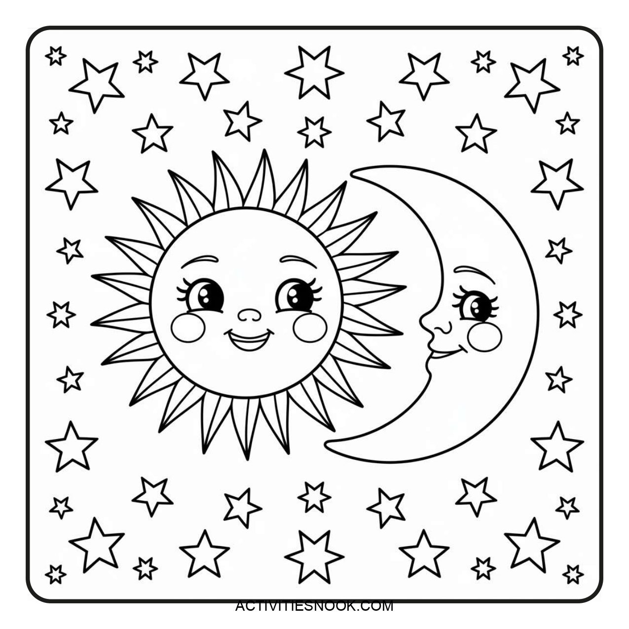 Black and white coloring page featuring a smiling sun and moon surrounded by stars.