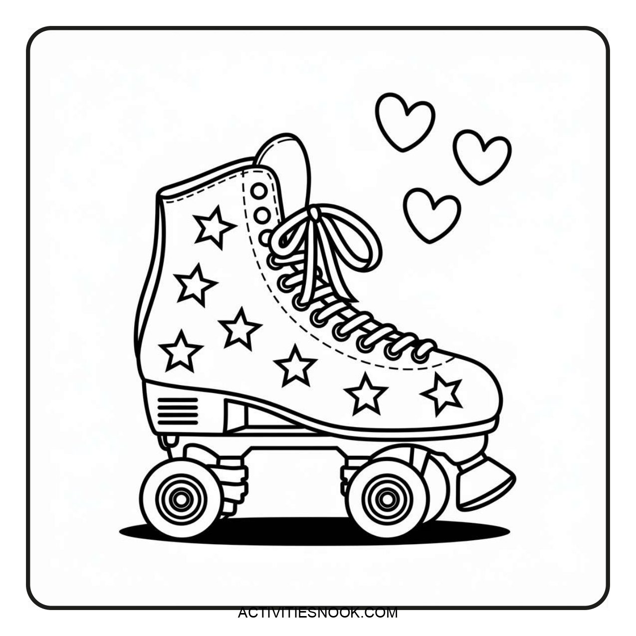 Black and white illustration of a roller skate adorned with stars and hearts, suitable for coloring activities.