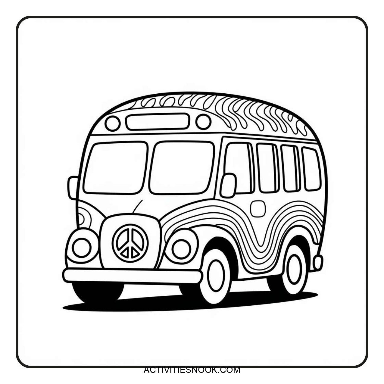 Black and white coloring page of a vintage bus with a peace symbol and wavy patterns.