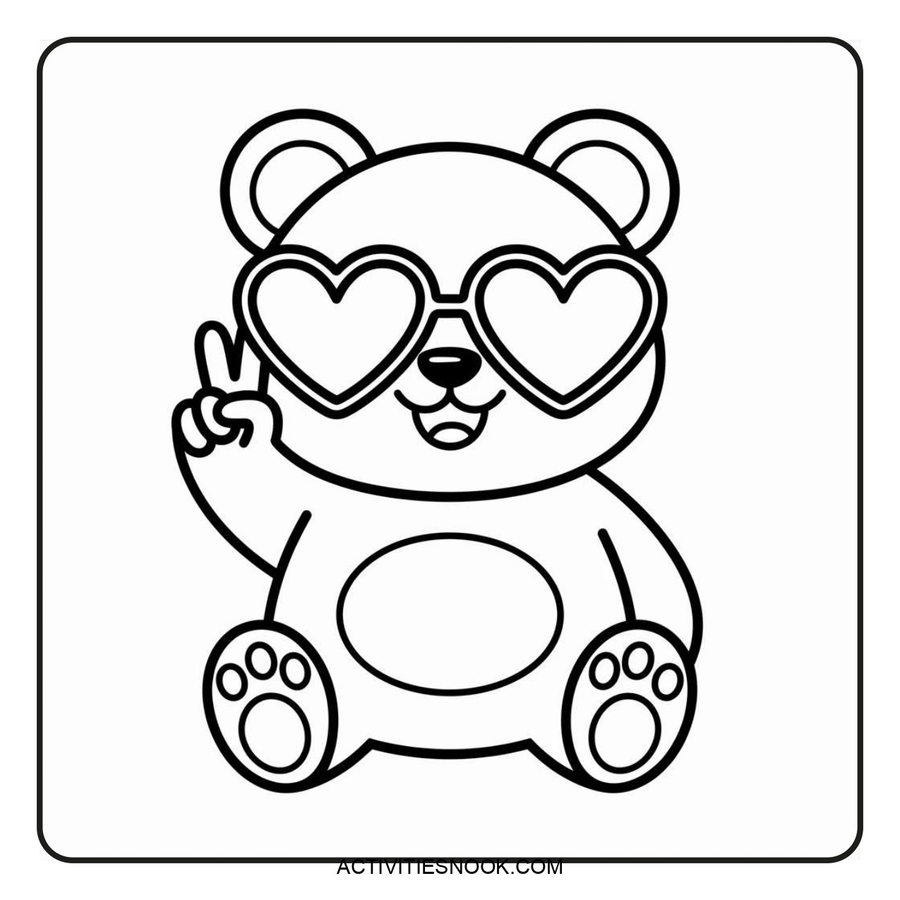 Cartoon bear character wearing heart-shaped sunglasses and making a peace sign with its paw.
