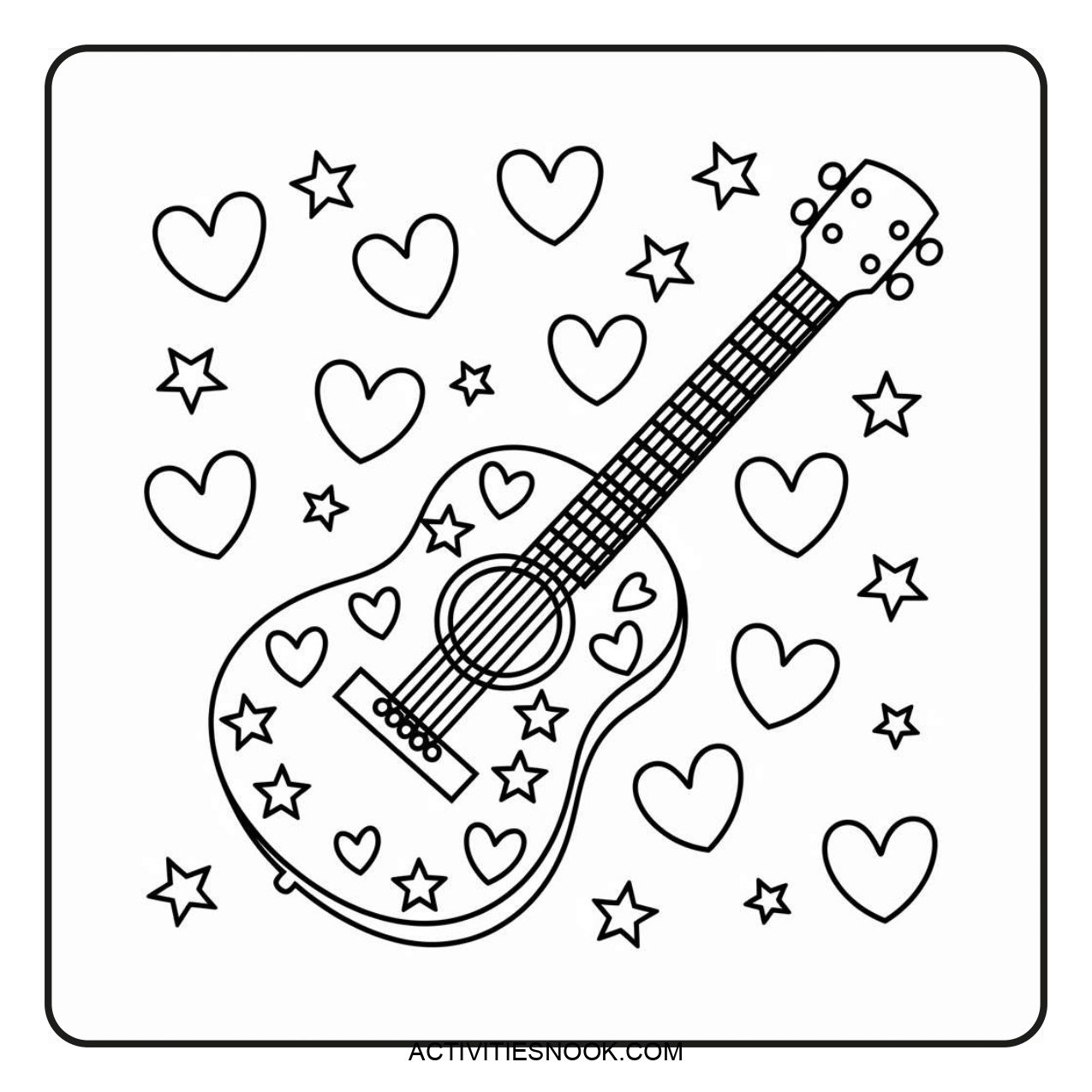 Black and white coloring page featuring an acoustic guitar surrounded by hearts and stars.