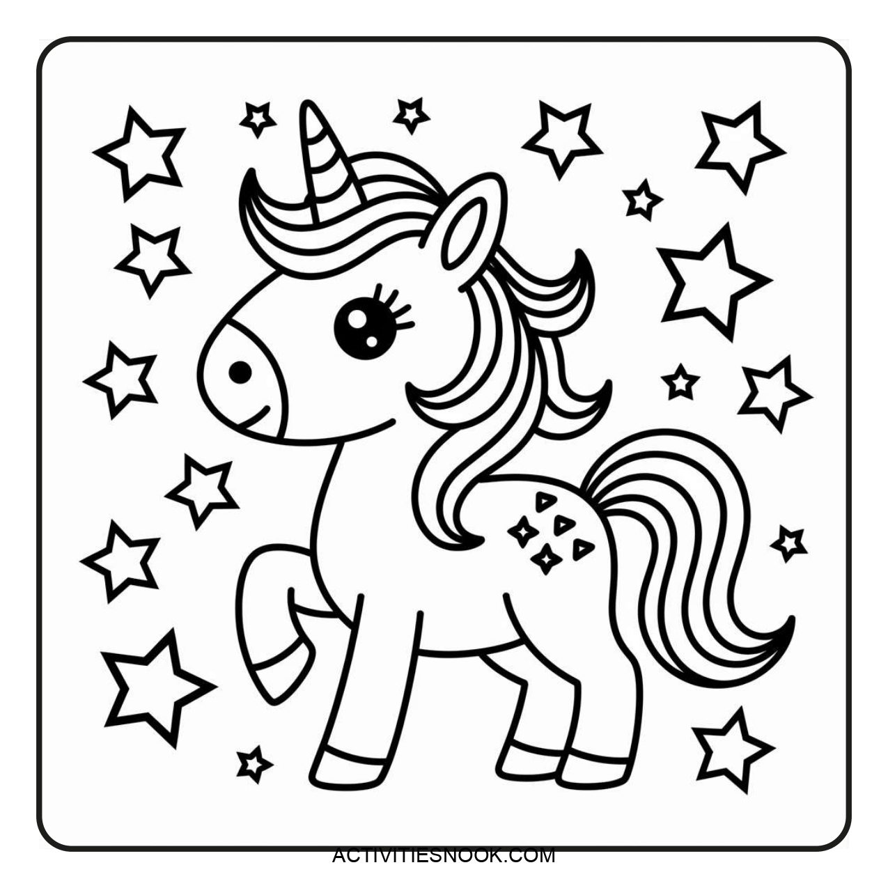 Black and white coloring page featuring a cartoon unicorn surrounded by stars and decorative elements.