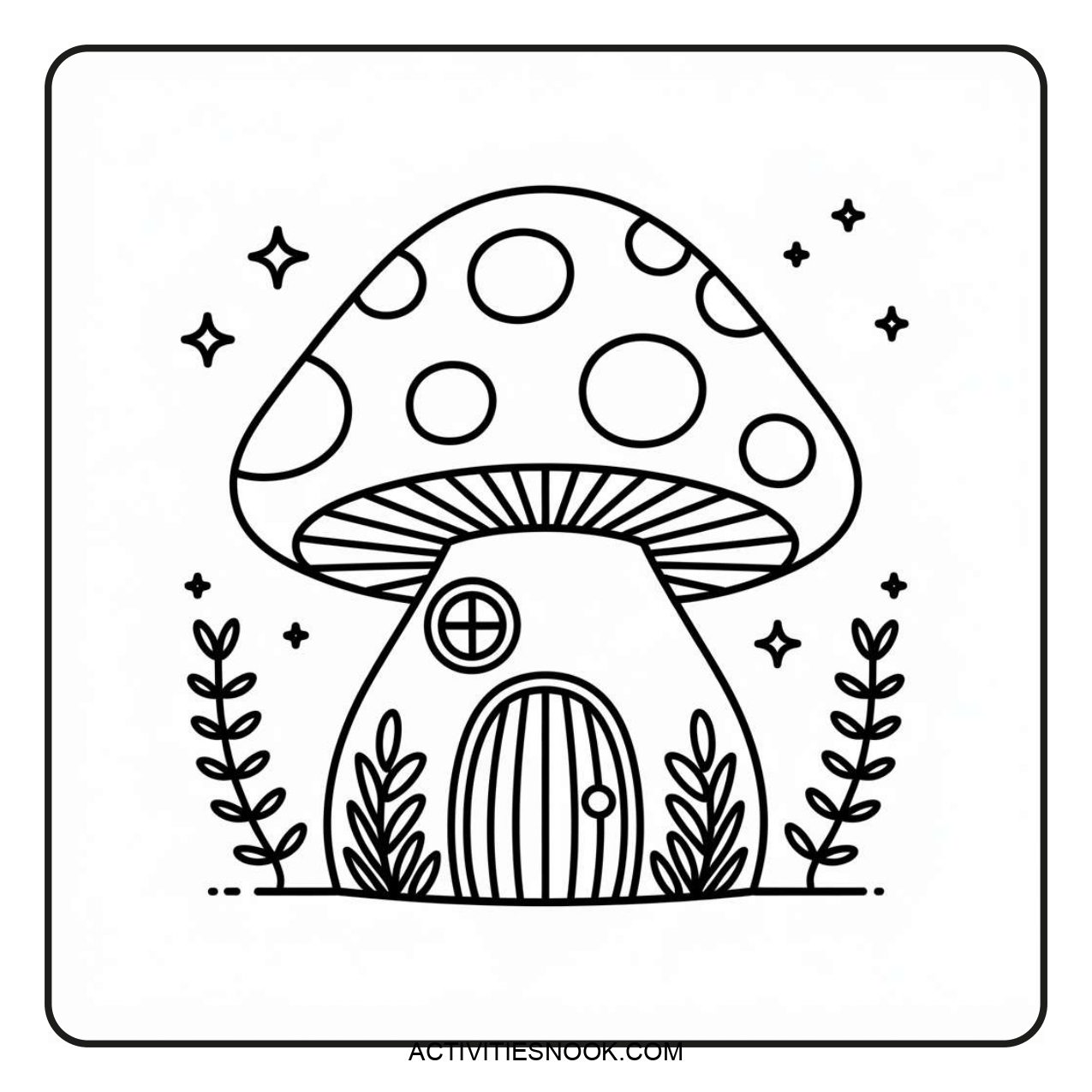 Black and white illustration of a whimsical mushroom house with a round door and decorative plants.