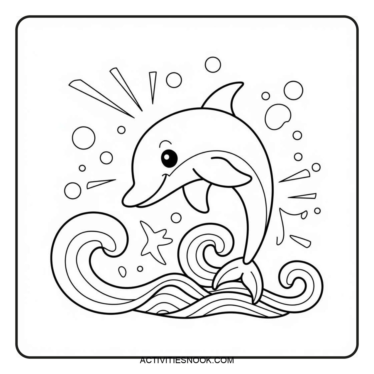 Line art illustration of a dolphin jumping above waves with bubbles and a starfish in a coloring page design.