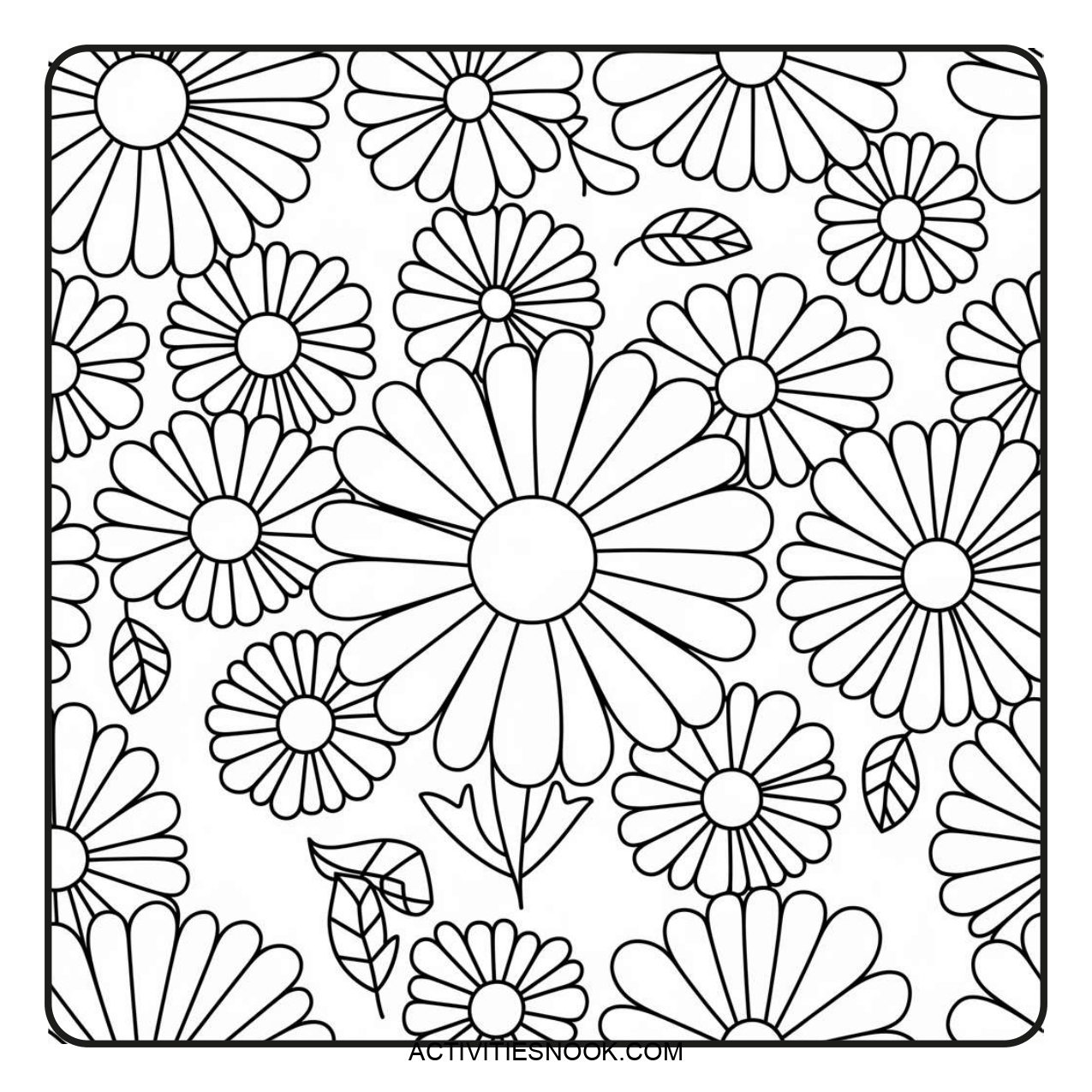 Black and white coloring page featuring a pattern of large daisies and leaves for creative activities.
