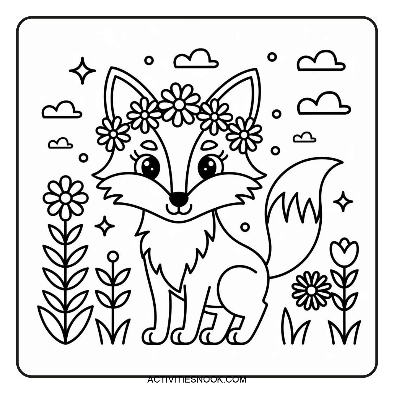 Coloring page featuring a cute fox adorned with flowers, surrounded by plants and clouds.