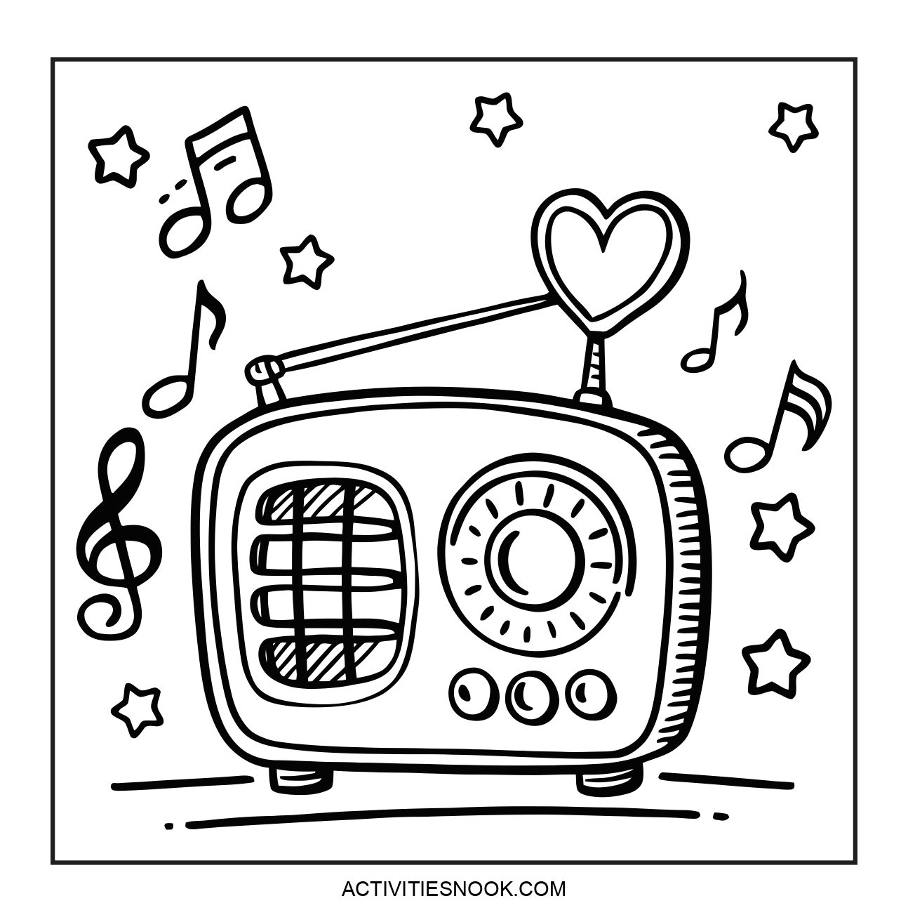 Black and white illustration of a vintage radio with musical notes and a heart symbol.
