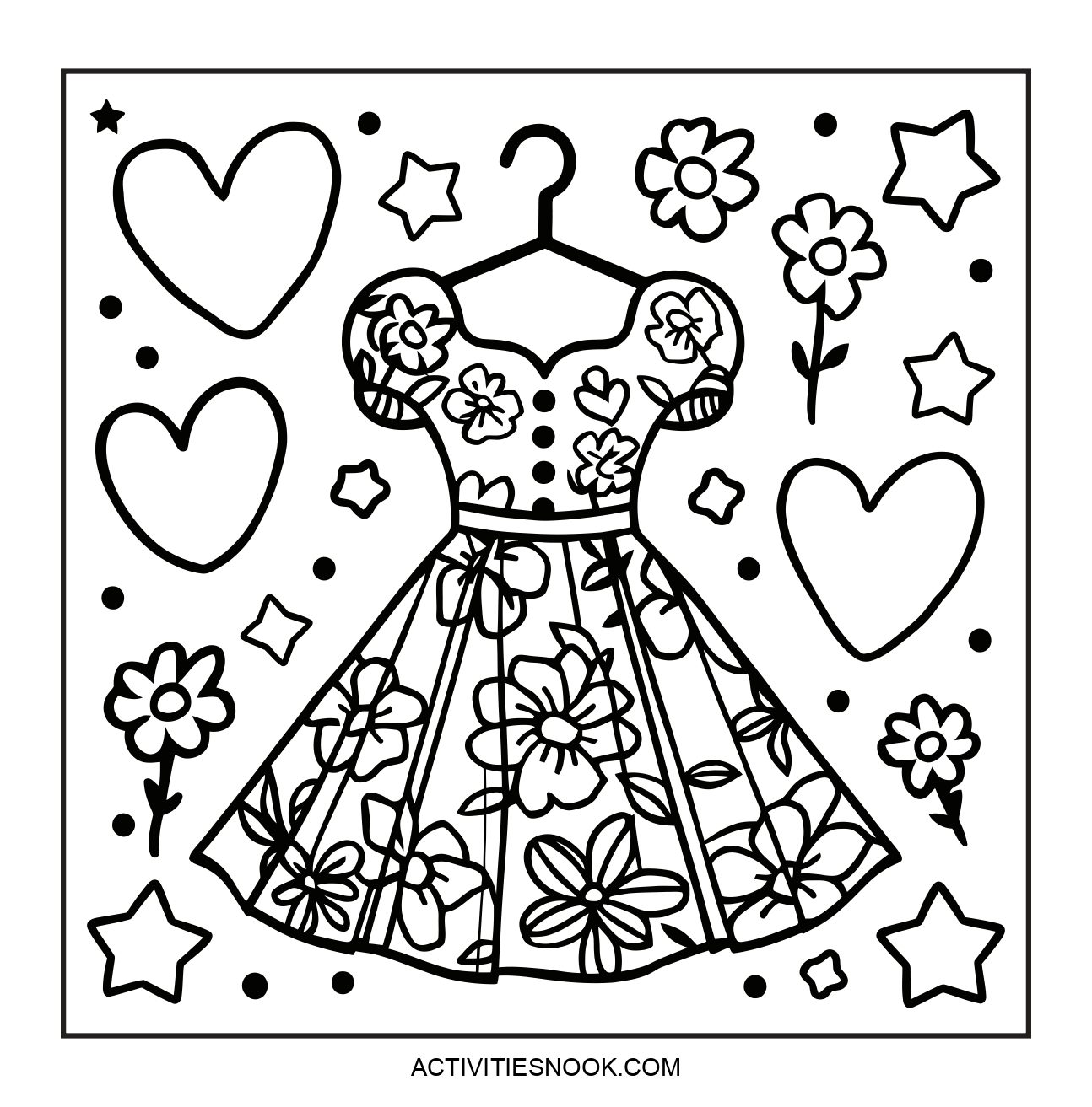 Coloring page featuring a floral dress design with hearts and stars for creative activities.