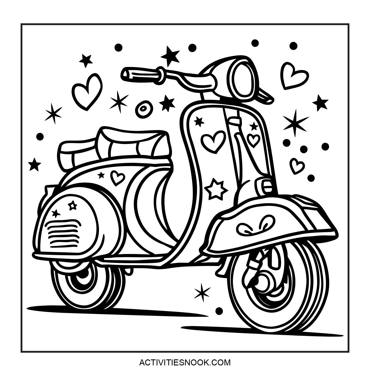 Black and white coloring page of a scooter decorated with hearts and stars, suitable for coloring activities.