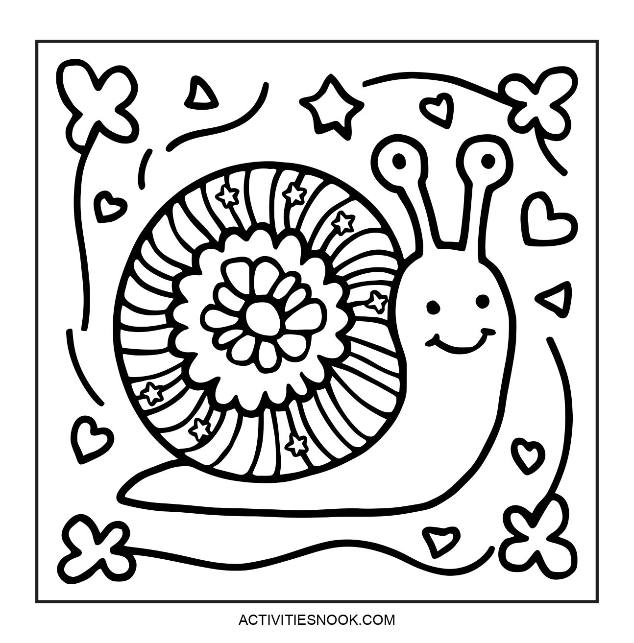 Coloring page featuring a smiling snail with a decorative shell and whimsical elements like flowers and stars.