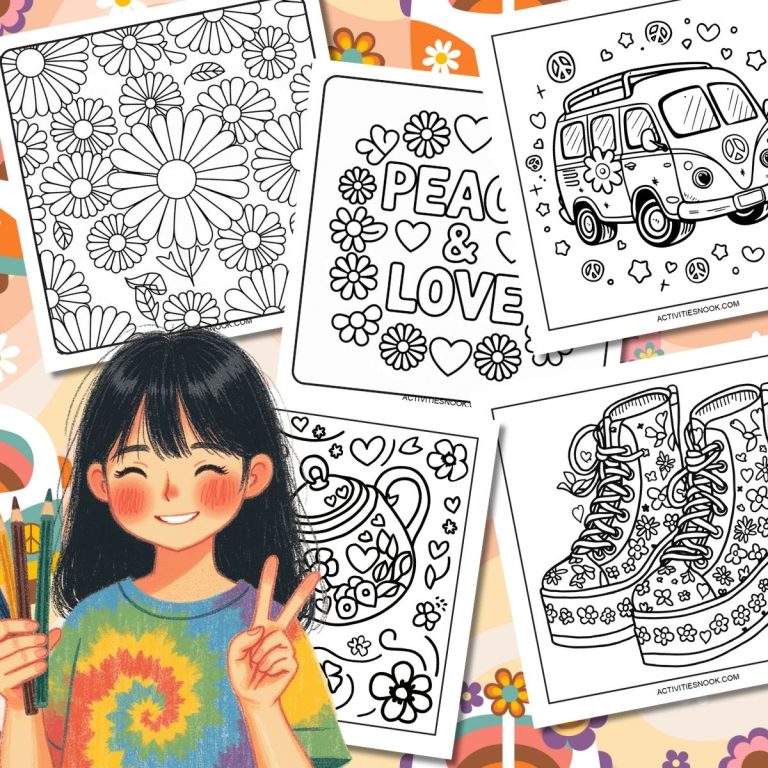 Collage of groovy Coloring pages featuring floral designs, peace symbols, and a vintage van.