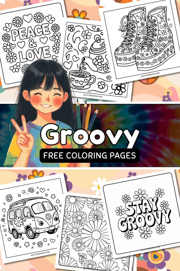 Collage of Coloring pages featuring floral designs, peace symbols, and retro elements.