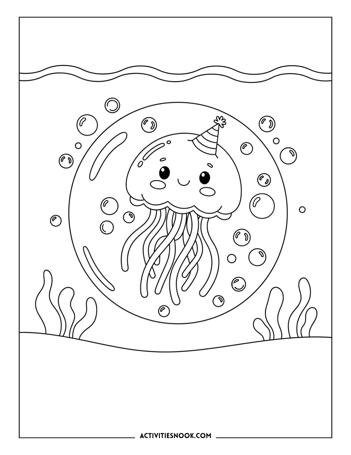 Cartoon jellyfish with party hat surrounded by bubbles and sea plants for kids to color.