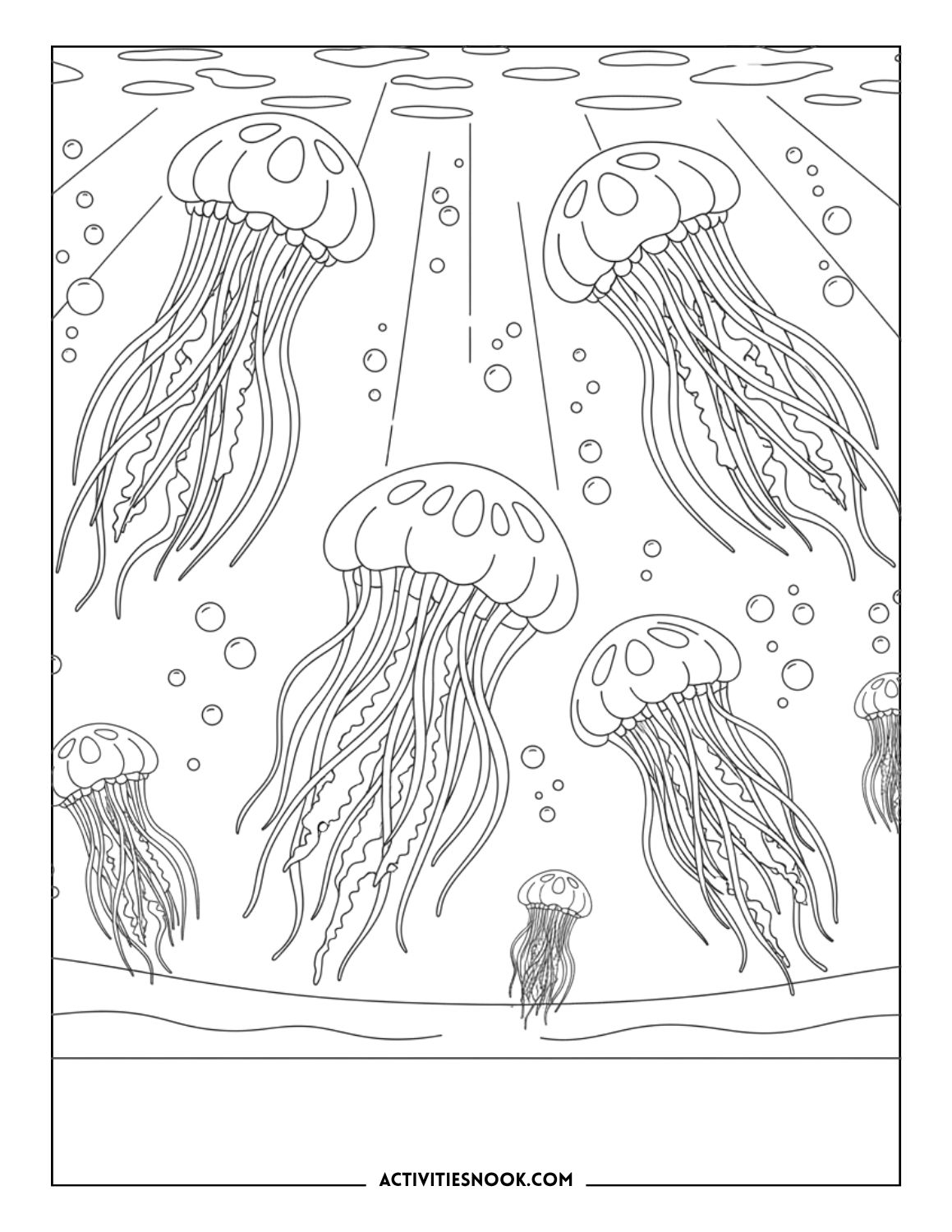 Multiple jellyfish drifting underwater with bubbles and sunlight beams in an ocean coloring page.