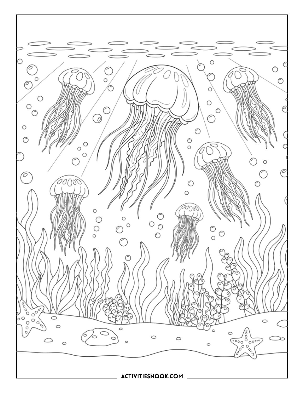 Jellyfish over coral reef with seaweed, bubbles, and starfish for kids to color.