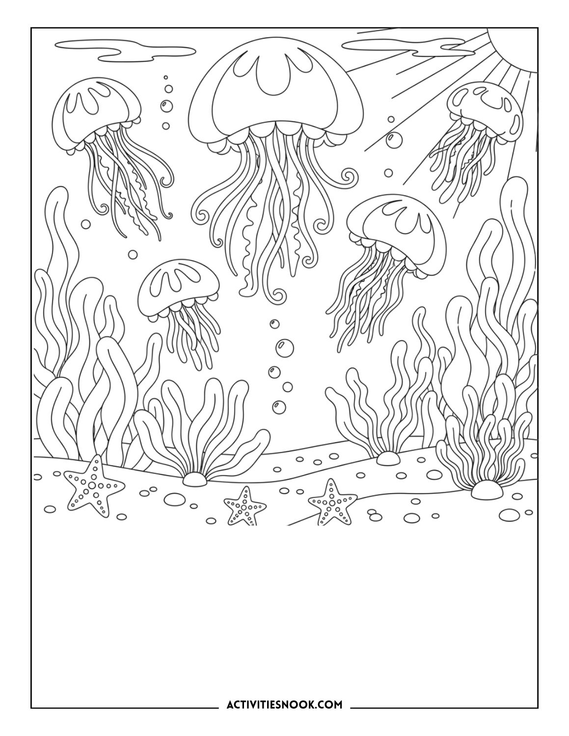 Jellyfish swimming with rays of sunlight and seaweed on the ocean floor for coloring.