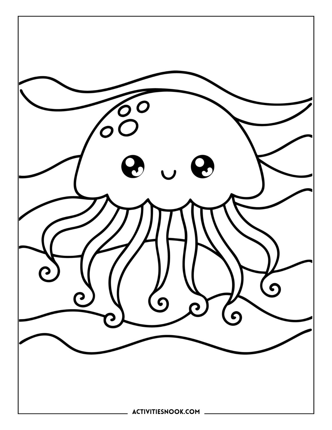 Cartoon kawaii jellyfish with big eyes and wavy tentacles in a kid-friendly ocean coloring page.