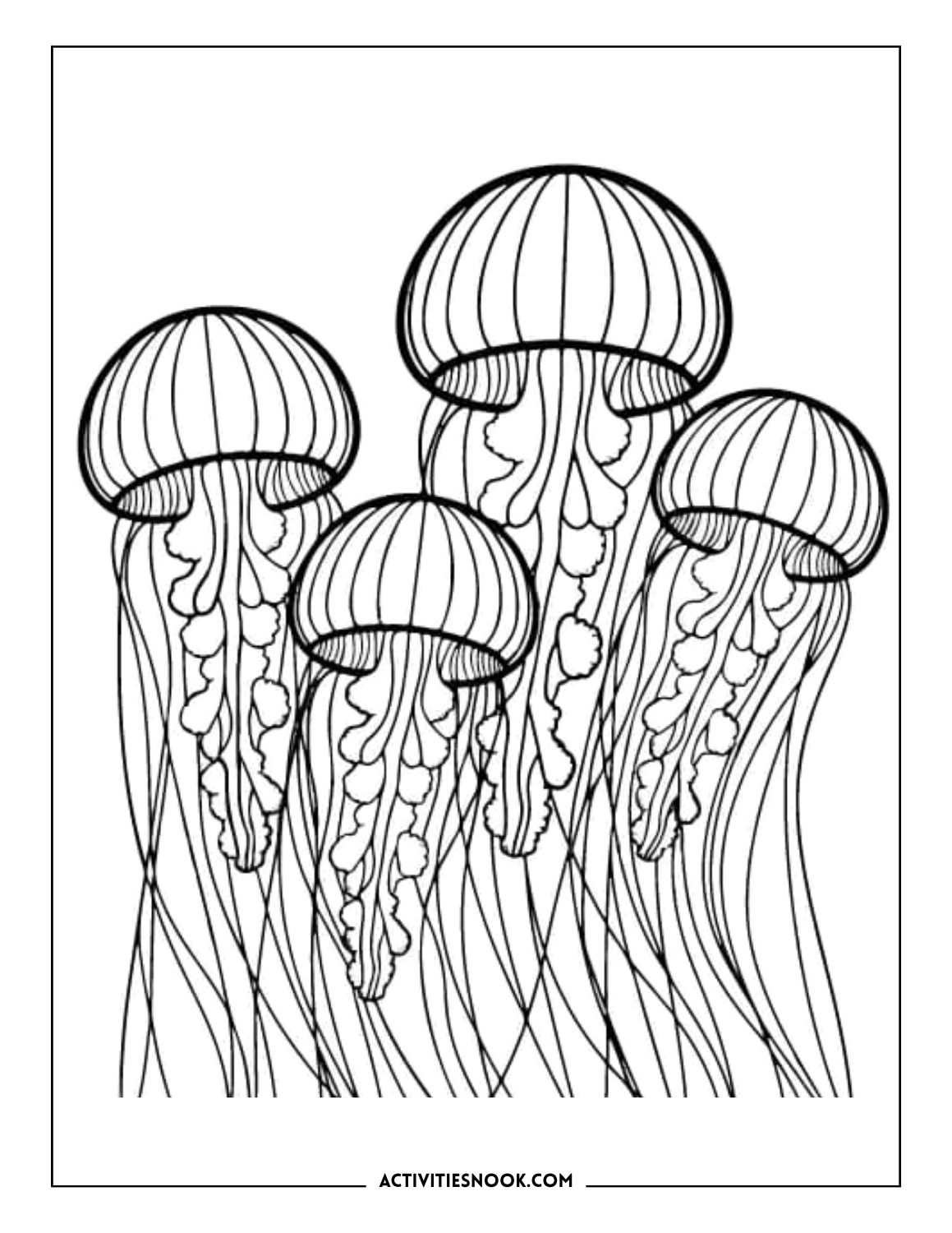 Group of realistic jellyfish with long tentacles in an underwater coloring page.