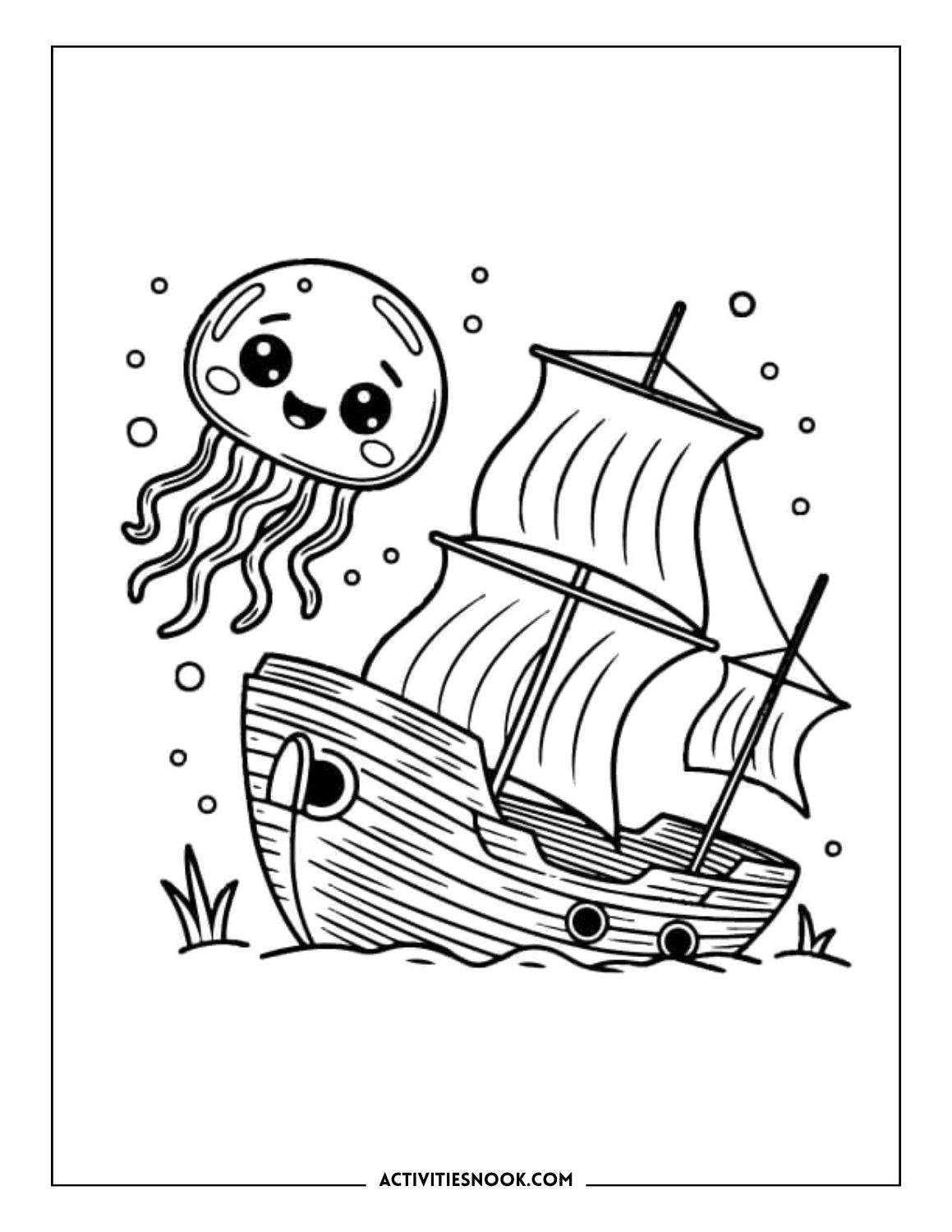 Cartoon jellyfish and old shipwreck underwater scene with bubbles for coloring.