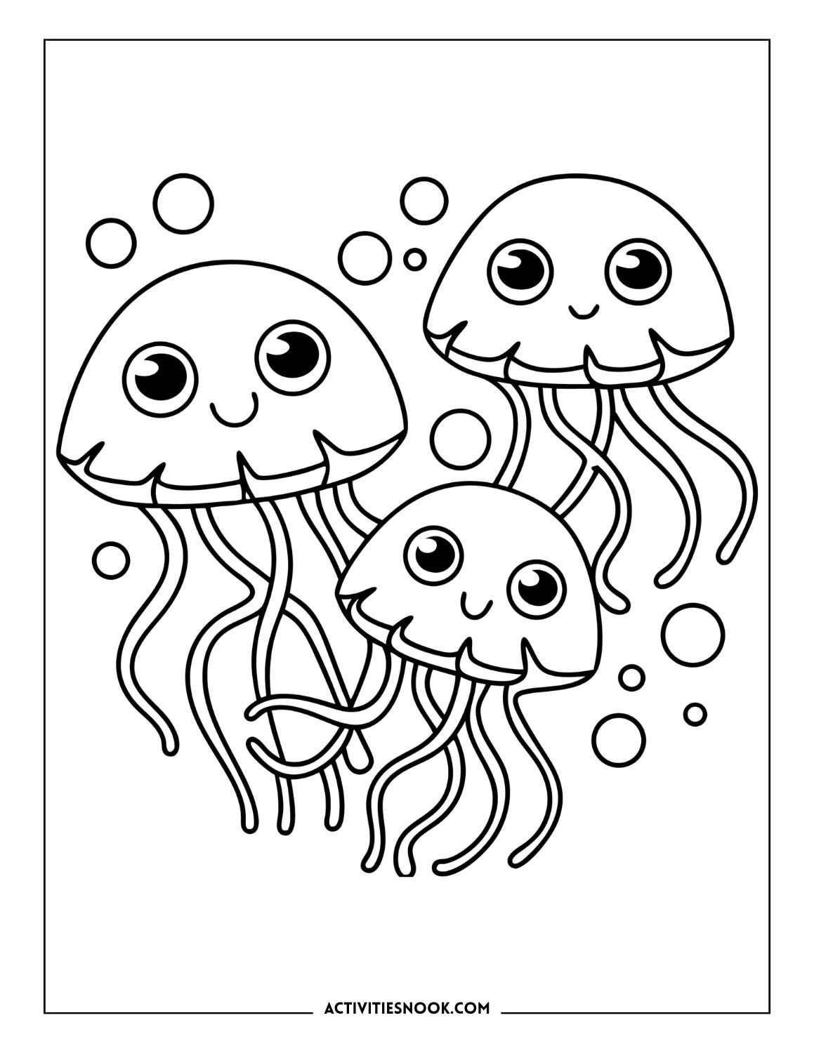 Cute trio of cartoon jellyfish surrounded by bubbles in an ocean coloring page for kids.